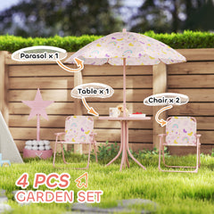 AIYAPLAY 4 Pieces Kids Garden Table and Chair Set with Adjustable Parasol, Folding Chairs, Table, Rainbow Pattern, Pink