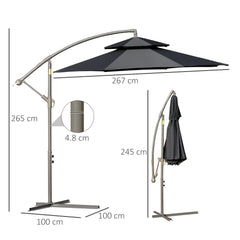 Outsunny 2.7m Banana Parasol Cantilever Umbrella with Crank Handle, Double Tier Canopy and Cross Base for Outdoor, Hanging Sun Shade, Black