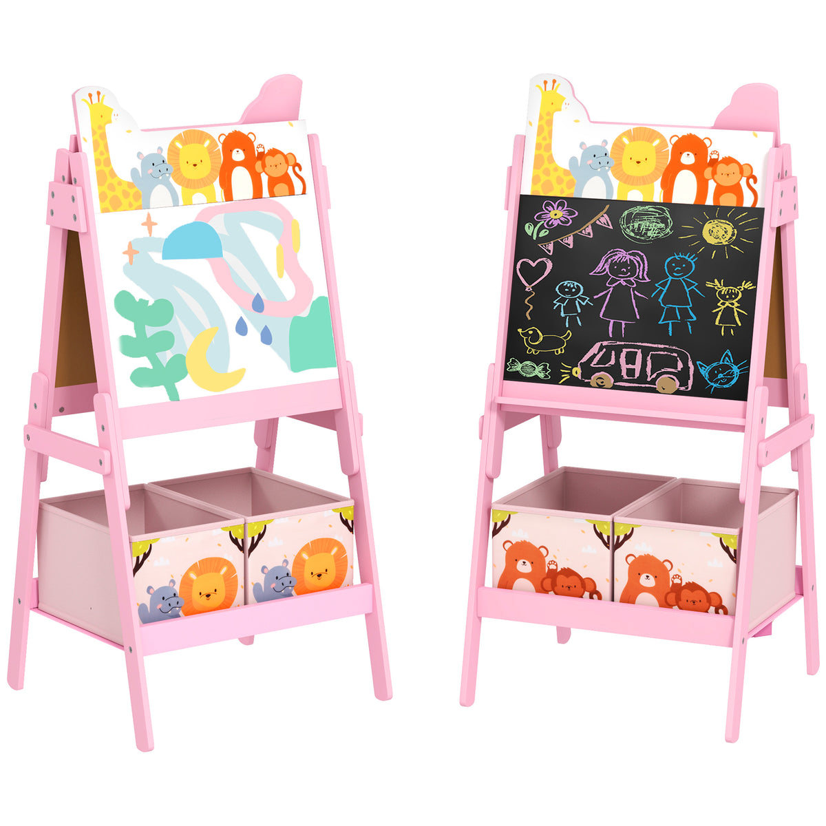 AIYAPLAY 2 in 1 Kids Easel with Whiteboard, Chalkboard, Storage Boxes, for Ages 3-8 Years, Pink