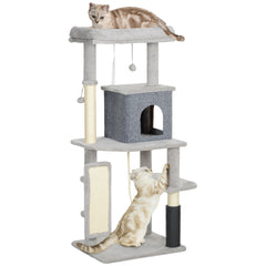 PawHut 132cm Cat Tree w/ Scratching Posts, Pad, Cat Bed, Cat House, Jumping Platform, Grooming Brush, Anti-Tip Kit, Light Grey