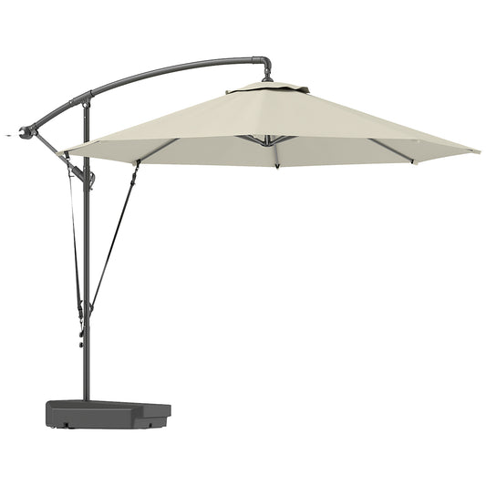 Outsunny 3(m) Garden Cantilever Parasol with Fillable Base, Wind Protection Strap, Cover, Round Banana Hanging Umbrella with Crank Handle and Tilt, Patio Umbrella for Outdoor Sun Shade, UPF50+, Cream