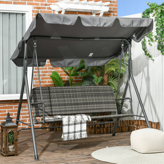 Outsunny 3-Seater Outdoor PE Rattan Swing Chair, Patio Wicker Hanging Swing Bench with Steel Frame Stand & Adjustable Canopy, Grey