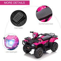 HOMCOM 12V Kids Quad Bike with Forward, Reverse Functions, Ride-On ATV w/ Music, LED, Headlights, for Ages 3-5 Years - Pink