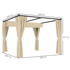 Outsunny 3 x 3(m) Retractable Pergola, Garden Gazebo Shelter with Curtains, for Grill, Patio, Deck, Khaki