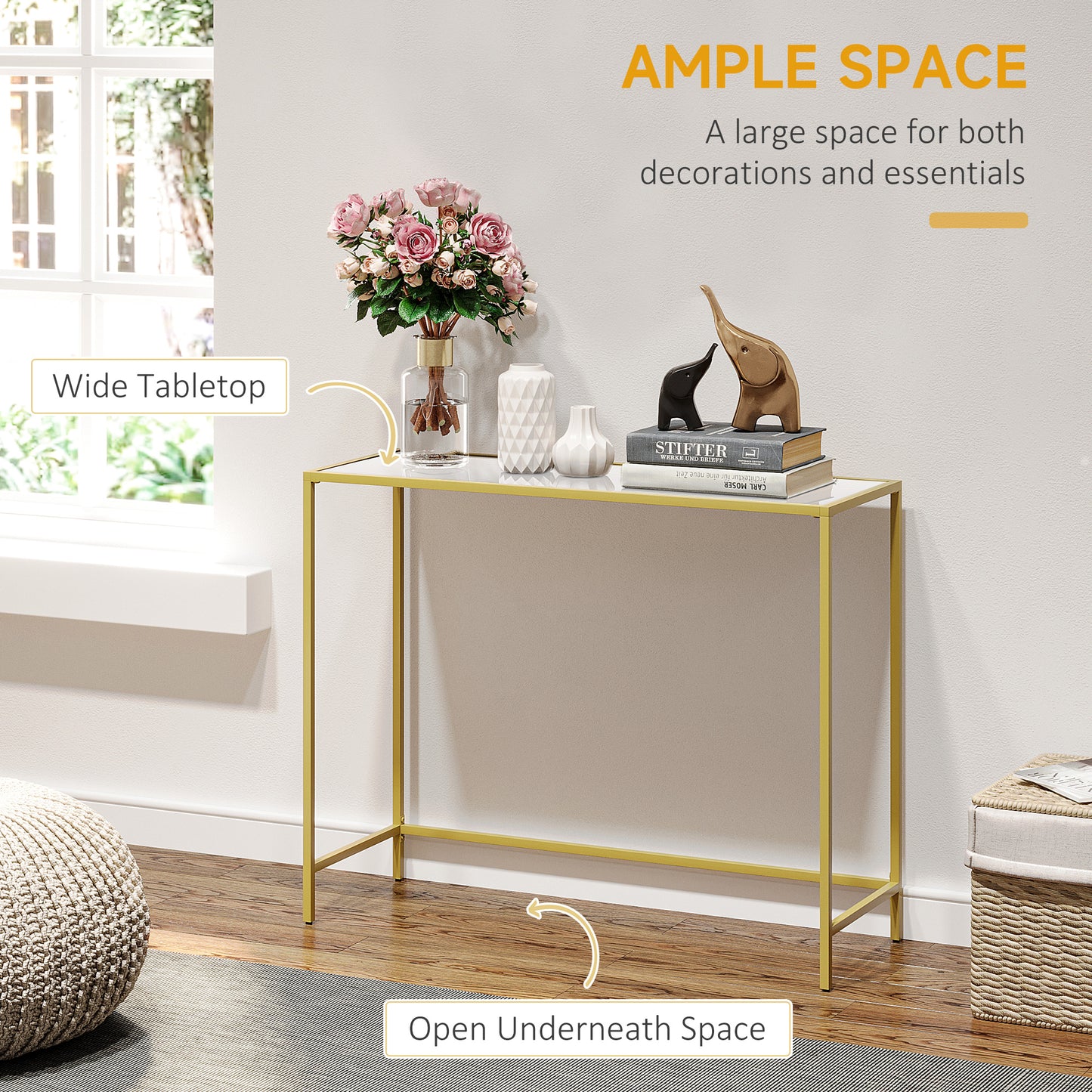 HOMCOM Modern Console Table, Tempered Glass Top Sofa Table with Steel Frame Adjustable Feet for Living Room, Hallway, White