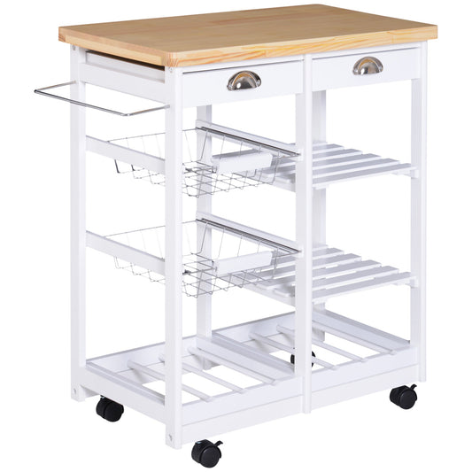 HOMCOM Rolling Kitchen Island Trolley Cart Drawer Shelves Basket Wheels W/ 6 Bottle Wine Rack White