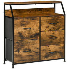 HOMCOM Bedroom Chest of Drawers, Industrial 5 Fabric Drawer Dresser with Open Shelf for Living Room, Rustic Brown