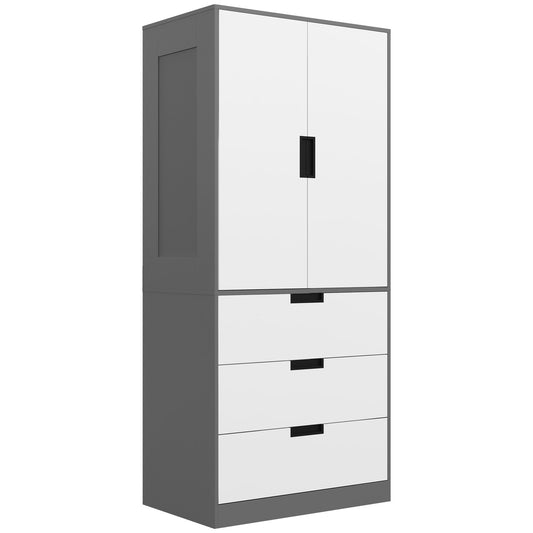 HOMCOM 2 Door Wardrobe, Modern Wardrobe with 3 Drawers and Hanging Rod for Bedroom, Grey