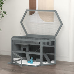 PawHut 3 Tier Wooden Large Hamster Cage with Sliding Tray, Seesaws, Water Bottle, Grey