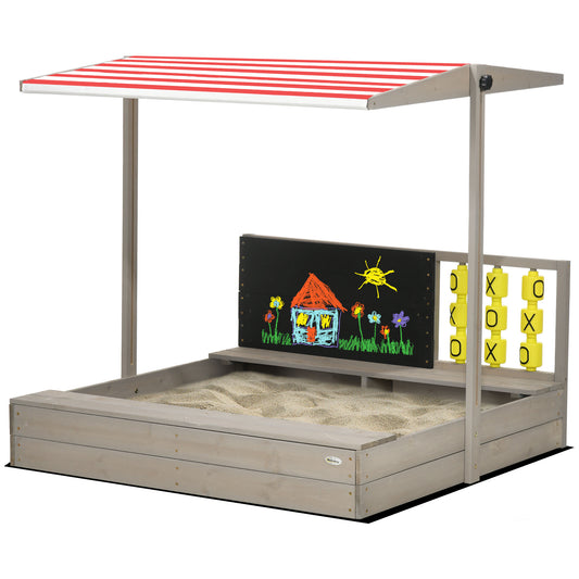 Outsunny Kids Wooden Sandpit, sandbox with canopy & Seats, for Gardens - Grey