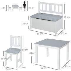 HOMCOM 4-Piece Kids Table and Chair Set with 2 Wooden Chairs, 1 Storage Bench, and Interesting Modern Design, Grey/White