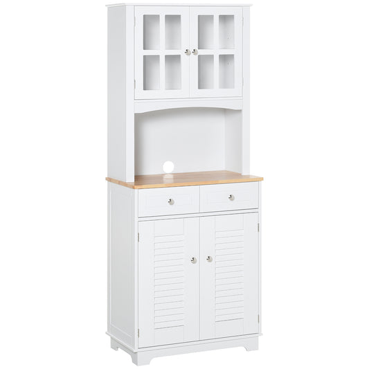 HOMCOM Modern Kitchen Cupboard, Louvered Kitchen Storage Cabinet with Framed Glass Doors and 2 Drawers, White