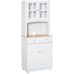 HOMCOM Modern Kitchen Cupboard, Louvered Kitchen Storage Cabinet with Framed Glass Doors and 2 Drawers, White