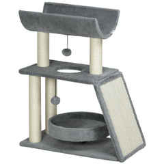 PawHut Cat Tree Tower, with Scratching Posts, Pad, Bed, Perch, Toy Ball - Light Grey