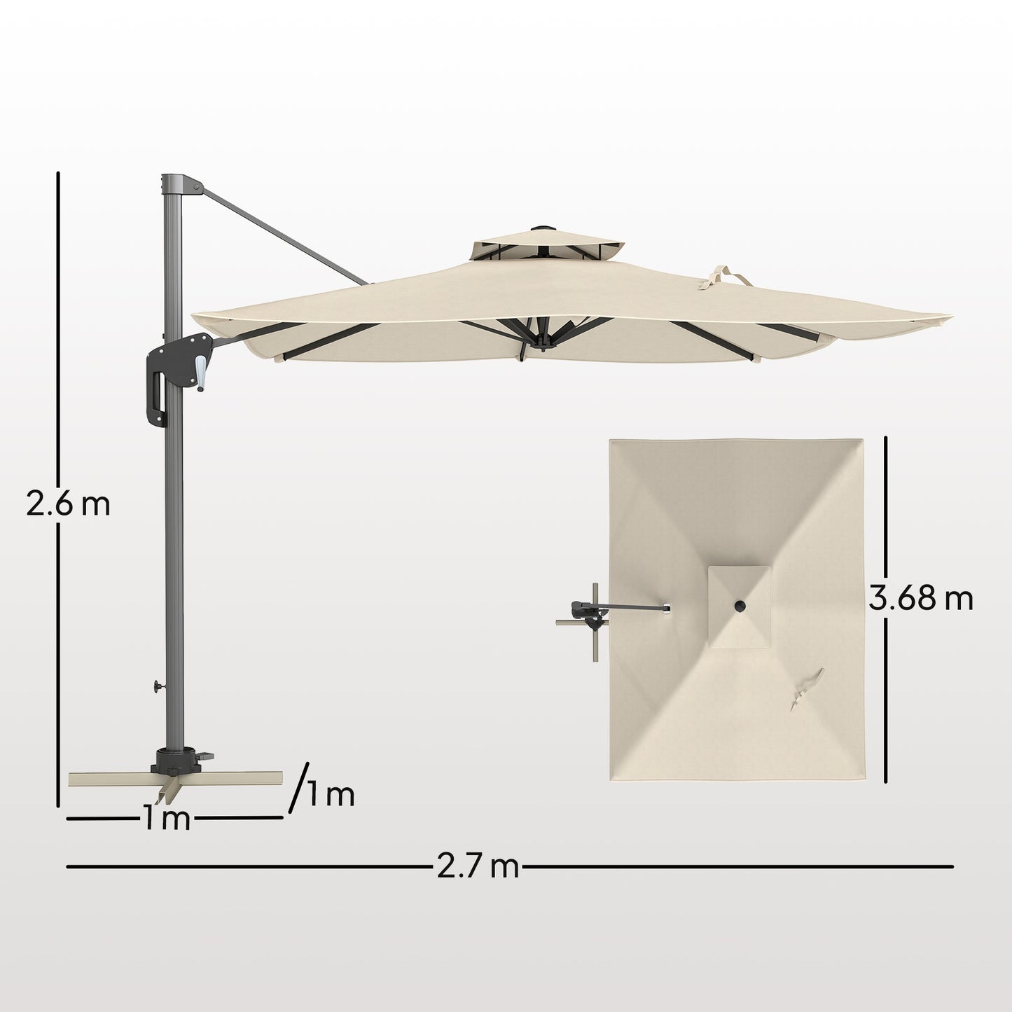 Outsunny 3.7 x 2.7 m Cantilever Parasol w/ 360√Ç¬∞ Rotation and Easy Tilt Adjustment, Aluminium Hanging Offset Outdoor Umbrella w/ Double Top and Cross Base, UPF50+ Hanging Sun Shade, Grey Wood Effect
