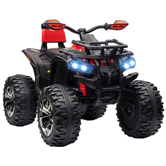 HOMCOM 12V Quad Bike ATV with LED Lights, Music, Backrest, Forward, Backward, Red