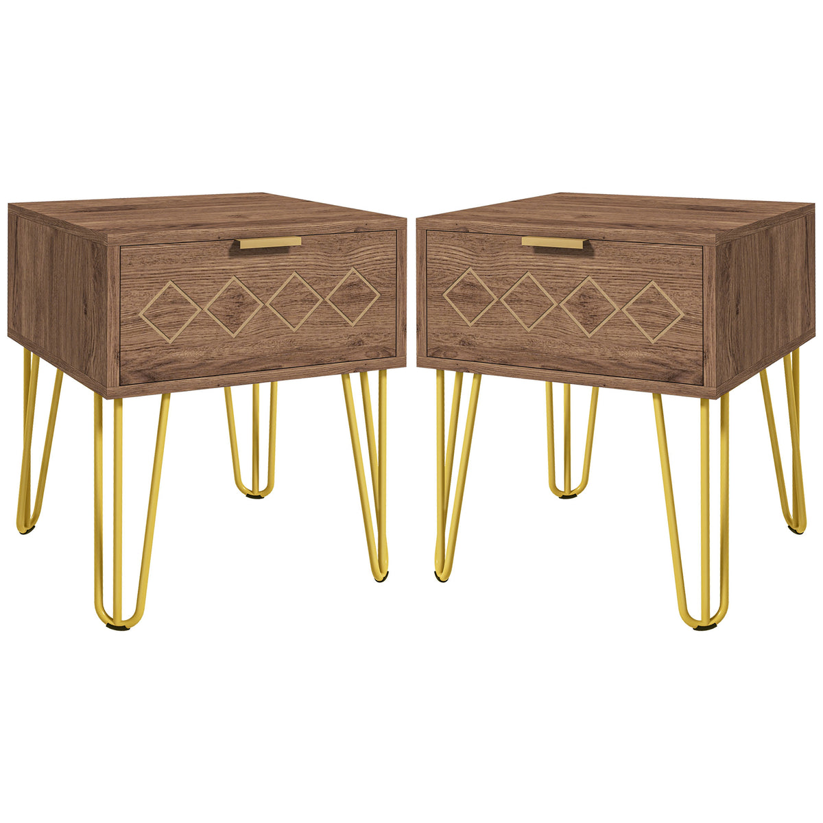 HOMCOM Bedside Table Set of 2 with Drawer, Wooden Nightstand, Modern Sofa Side Table with Gold Tone Metal Legs for Bedroom