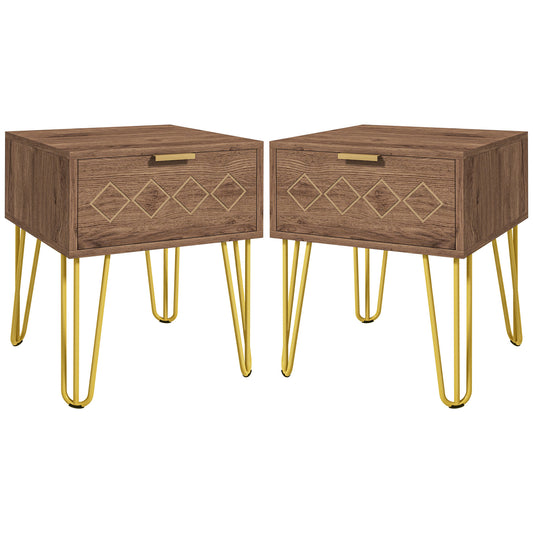 HOMCOM Bedside Table Set of 2 with Drawer, Wooden Nightstand, Modern Sofa Side Table with Gold Tone Metal Legs for Bedroom