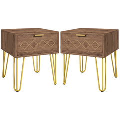 HOMCOM Bedside Table Set of 2 with Drawer, Wooden Nightstand, Modern Sofa Side Table with Gold Tone Metal Legs for Bedroom