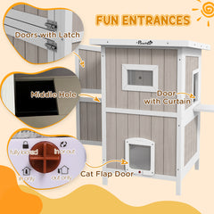 PawHut Outdoor 2 Tiers Wooden Cat Shelter w/ Removable Bottom, Escape Doors, Asphalt Roof, for 1-2 Cats - Light Grey