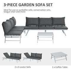 Outsunny 3 Pieces Garden Furniture Sets, 6 Seater Corner Sofa Set with Adjustable Backrest Chase Lounge with Slatted Metal Top Table, Padded Cushion, Grey