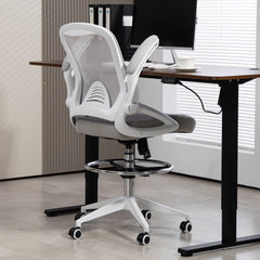 Vinsetto Drafting Chair with Flip-up Armrest, Mesh Office Stool with Foot Ring, 360√Ç¬∞ Swivel Height Adjustable Chair for Standing Desk, Light Grey