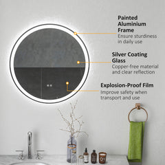 kleankin Round Bathroom Mirror with LED Lights, Wall Mount Dimmable Makeup Mirror with 3 Temperature Colours, Defogging Film and Memory Function, Frameless, Hardwired, 70 x 70√Ç cm