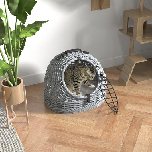 PawHut Wicker Pet Carrier Basket Cat Kitten Bed Portable Travel Cage w/ Soft Cushion Handle Grey 50 x 40 x 40 cm