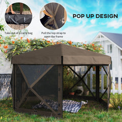 Outsunny 3 x 3(m) Hexagon Pop Up Gazebo with 5 Sides and Carry Bag, Waterproof, UV Resistant Party Tent Instant Event Shelter with Netting for Garden, Patio, Brown