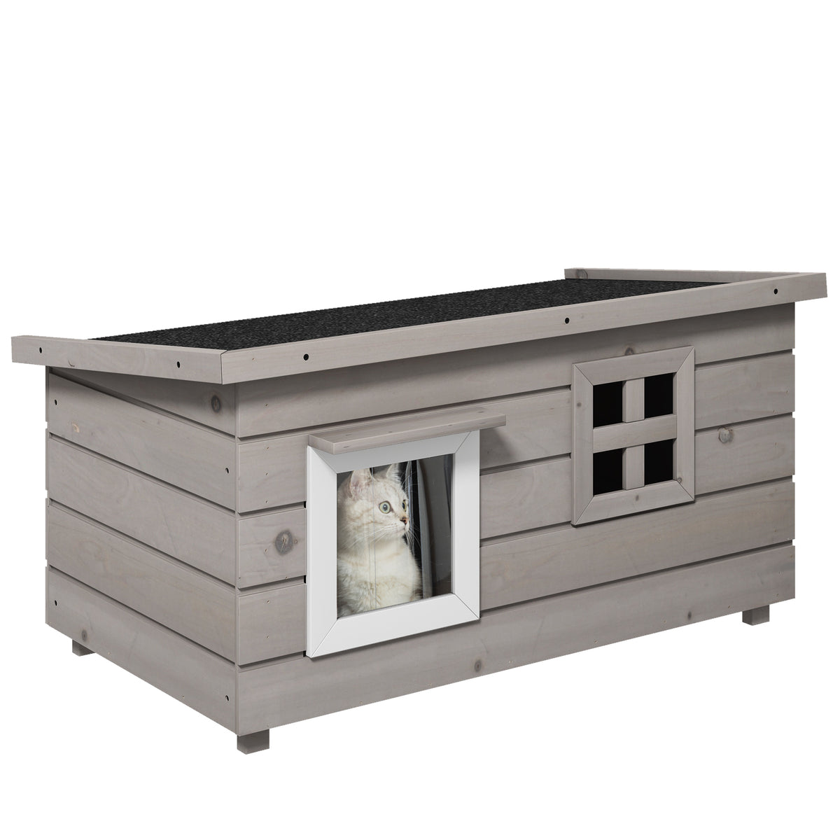 PawHut Wooden Outdoor Cat House, Elevated Cat Shelter Kennel, Pet Play House with Openable Top, Asphalt Roof, Window, Grey