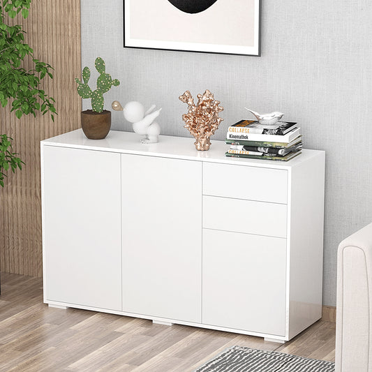 HOMCOM High Gloss Side Cabinet, Push-Open Design with 2 Drawers and 2 Cabinets for Living Room, 74H x 117W x 36Dcm, White