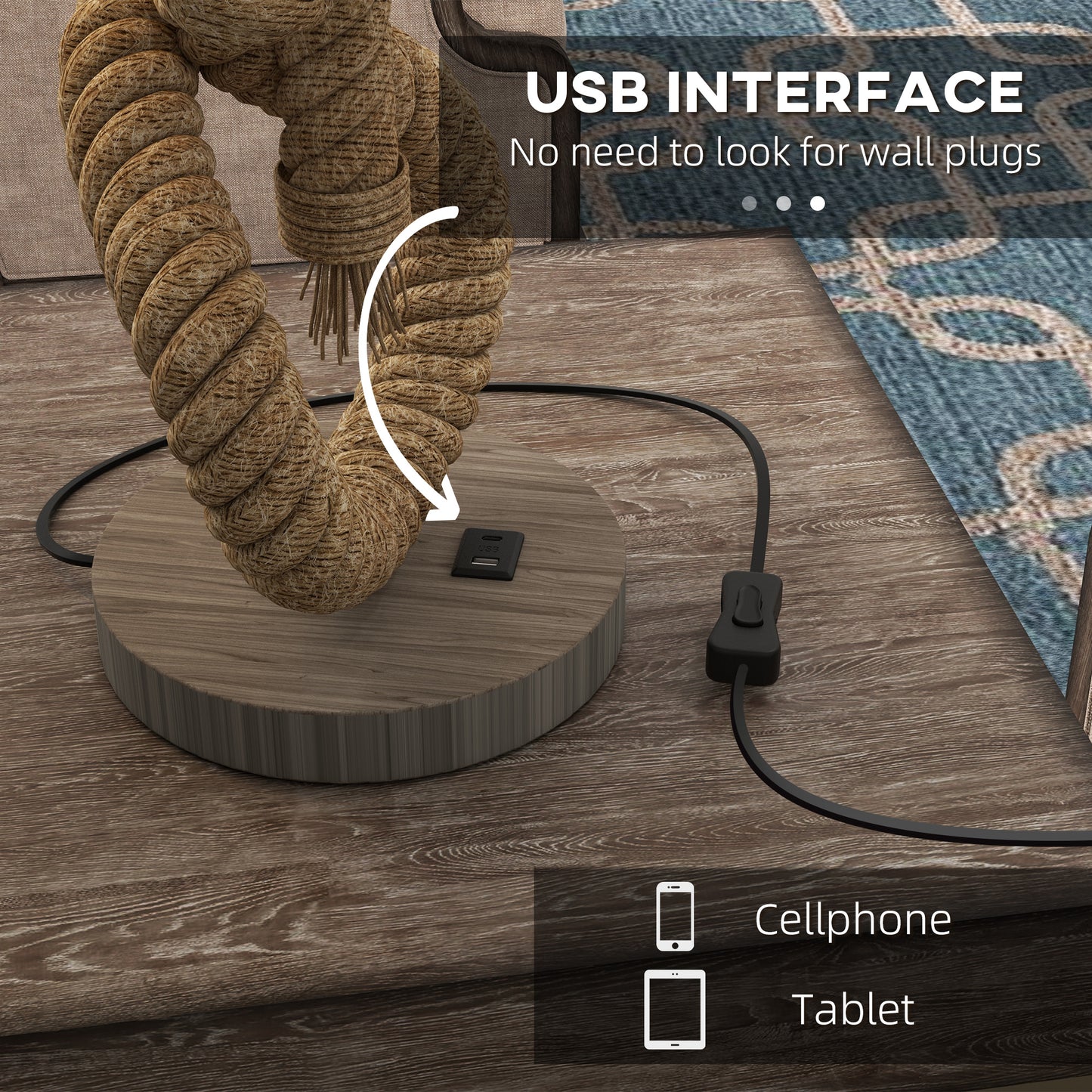 مصباح طاولة LED بحري من HOMCOM مع منفذ شحن USB، مصباح مكتب بجانب السرير لغرفة النوم وغرفة المعيشة والمكتب المنزلي