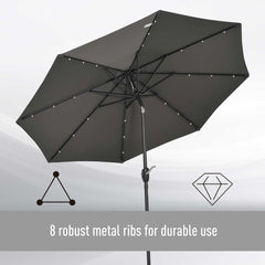 Outsunny â2.7m Garden 24 LED Light Parasol Solar Outdoor Tilt Sun Umbrella Patio Club Party Event Manual Sun Shade w/ Hand Crank and 8 Ribs, Grey