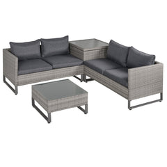 Outsunny 4 PCs PE Rattan Wicker Sofa Set Outdoor Conservatory Furniture Lawn Patio Coffee Table w/ Side Storage Box & Cushion, Grey