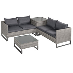 Outsunny 4 Pieces Rattan Garden Furniture Set, 4 Seater Garden Sofa Set with Storage Box, Loveseats and Glass Top Table, Wicker Outdoor Conservatory Furniture with Cushions for Outdoor, Patio, Grey