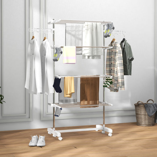 HOMCOM Four-Shelf Collapsing Clothes Horse, With Side Arms and Wheels - White