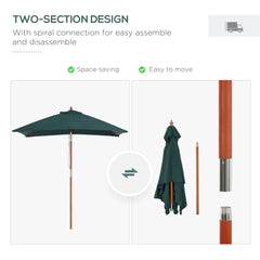 Outsunny 2m x 1.5m Garden Parasol Umbrella with Tilting Sunshade Canopy, Outdoor Market Table Umbrella with Wood and Bamboo Frame, Green