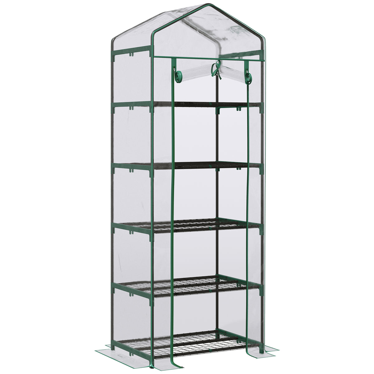 Outsunny 5 Tier Mini Greenhouse, Portable Greenhouse with Reinforced Plastic Cover, Garden Grow House with Roll Up Door and Shelves, 69 x 49 x 193cm, Green