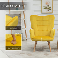 HOMCOM Modern Accent Chair, Upholstered Tufted Wingback Armchair with Seat Padding, Leisure Lounge Bedroom Chair with Wood Legs, Yellow