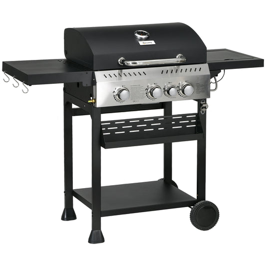 Outsunny Four-Burner Steel Gas Grill, with Thermometer - Black