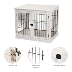 PawHut Dog Crate Furniture, Puppy Crate End Table, Pet Kennel House with 2 Doors for Medium and Small Dogs, 81 x 58.5 x 66 cm, White