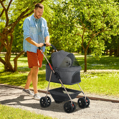 PawHut 3 in 1 Pet Stroller, Folding 4 Wheels Dog Pram with Detachable Carrier for Mini Dogs Cats, Grey