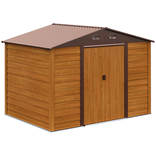 Outsunny 9 x 6ft Metal Garden Shed, House Hut Gardening Tool Storage with Ventilations, Sliding Door, Sloped Roof and Foundation Kit for Garden, Patio, Brown