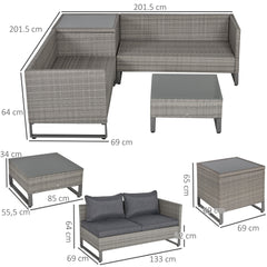 Outsunny 4 Pieces Rattan Garden Furniture Set, 4 Seater Garden Sofa Set with Storage Box, Loveseats and Glass Top Table, Wicker Outdoor Conservatory Furniture with Cushions for Outdoor, Patio, Grey