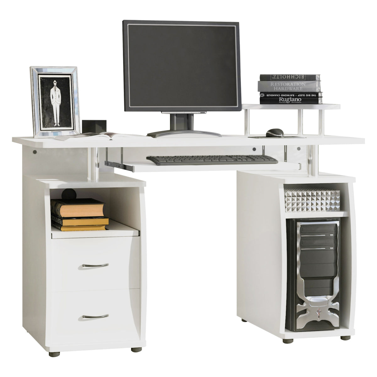 HOMCOM Computer Desk Office PC Table Workstation with Keyboard Tray, CPU Shelf, Drawers, Sliding Scanner Shelf, White