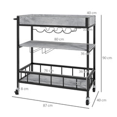 HOMCOM 3-Tier Kitchen Cart, Kitchen Island with Storage Shelves, Removable Tray, Wine Racks, Glass Holders, Faux Marbled Grey