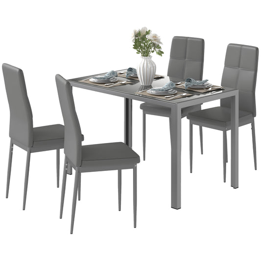 HOMCOM 5-Piece Kitchen Dining Table Set with 4 Faux Leather Metal Frame Chairs Glass Tabletop Desk for Dining Room, Kitchen, Dinette, Grey