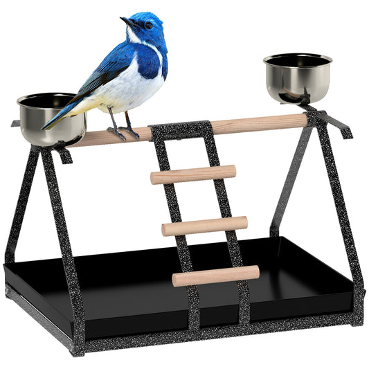 PawHut Parrot Stand Bird Stand w/Wood Perch Ladder Feeder Removable Tray