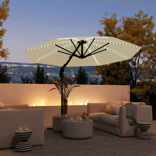 Outsunny 3(m) Cantilever Garden Parasol with Solar Powered Lights, Crank Handle & Cross Base, UPF 50+, 360√Ç¬∞ Rotation, Cream