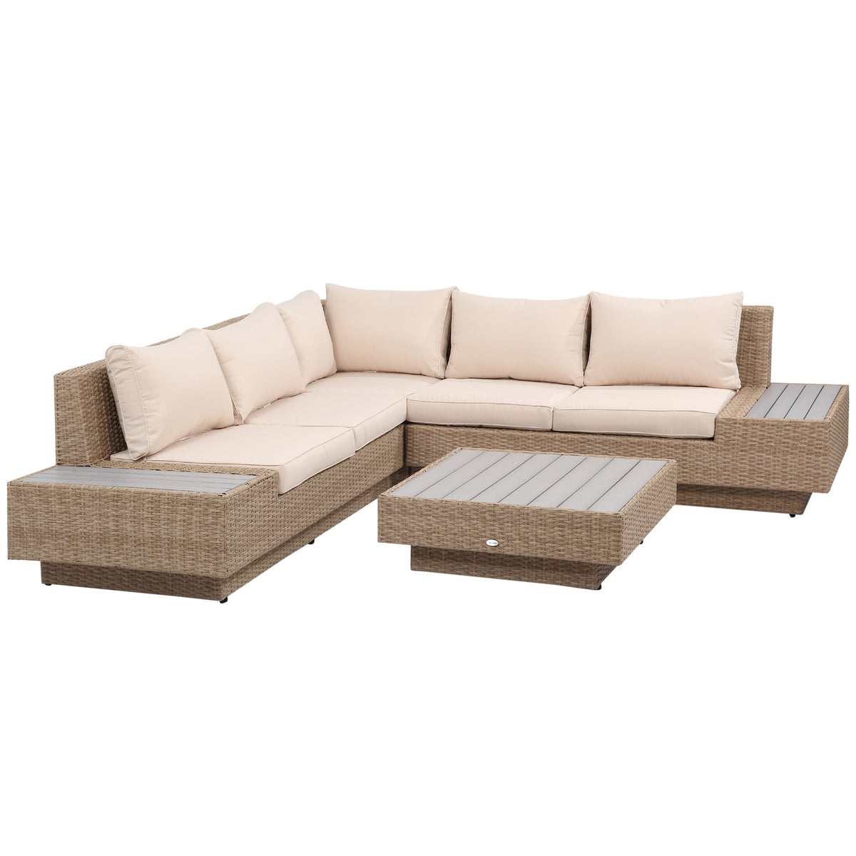 Outsunny 4 PCs Rattan Garden Furniture Outdoor Sectional Corner Sofa and Coffee Table Set Conservatory Wicker Weave Furniture with Armrest and Cushions - Beige